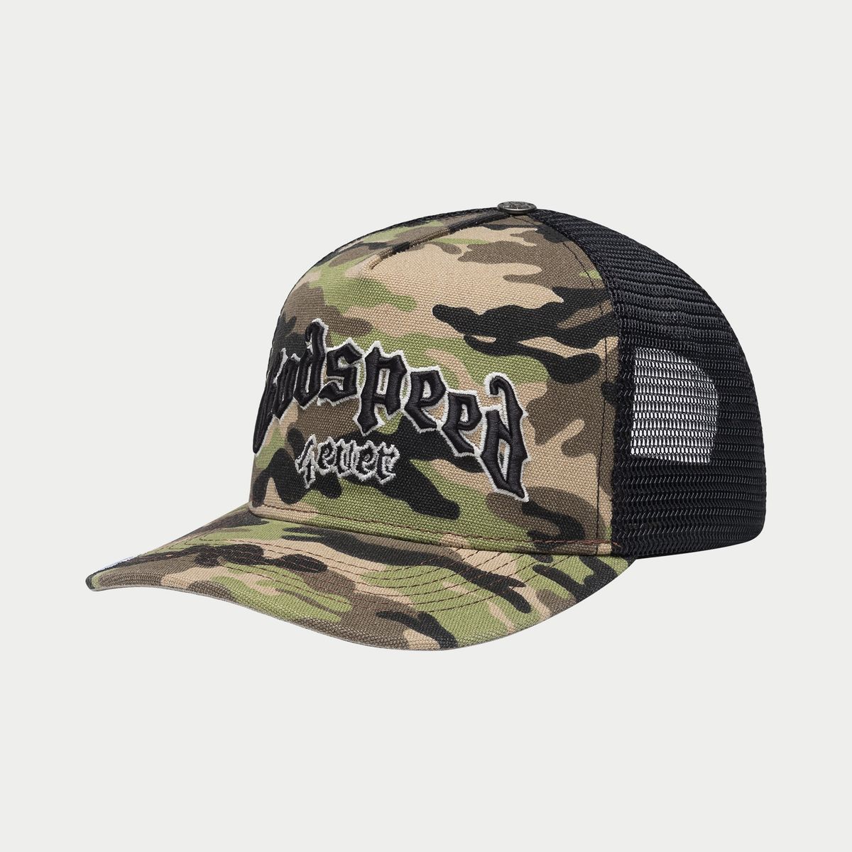Close-up of the Godspeed Forever Trucker Hat featuring camo pattern and vibrant accents