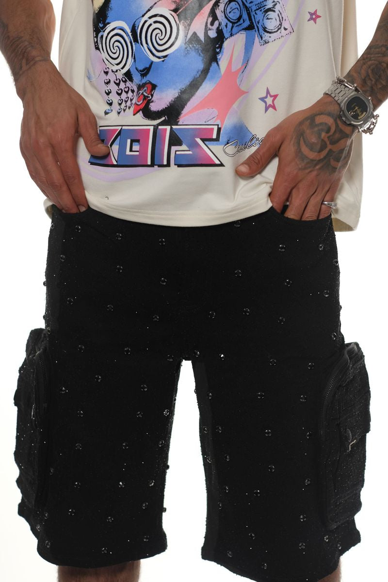 Vicious Embellished Rhinestone Jet Black Denim Shorts with intricate rhinestone embellishments