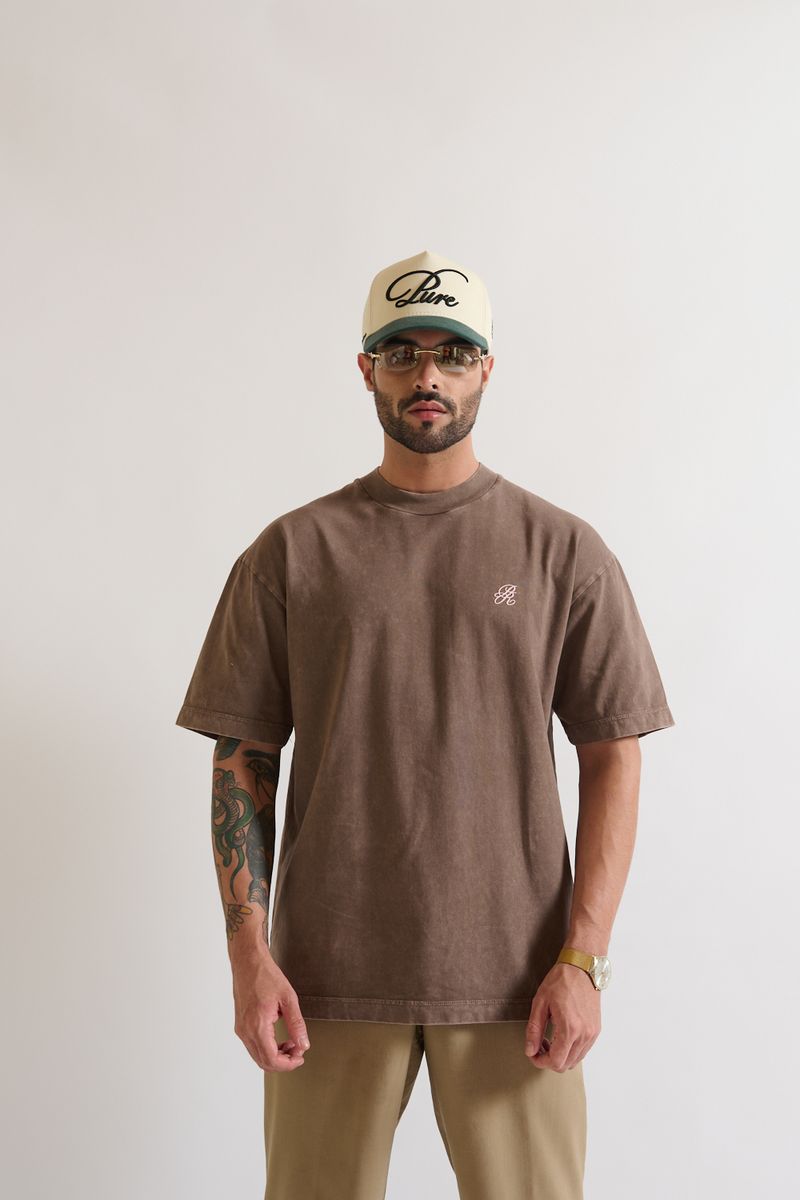 Close-up of PURE Monclair Brown Tee highlighting 100% cotton fabric and textured surface