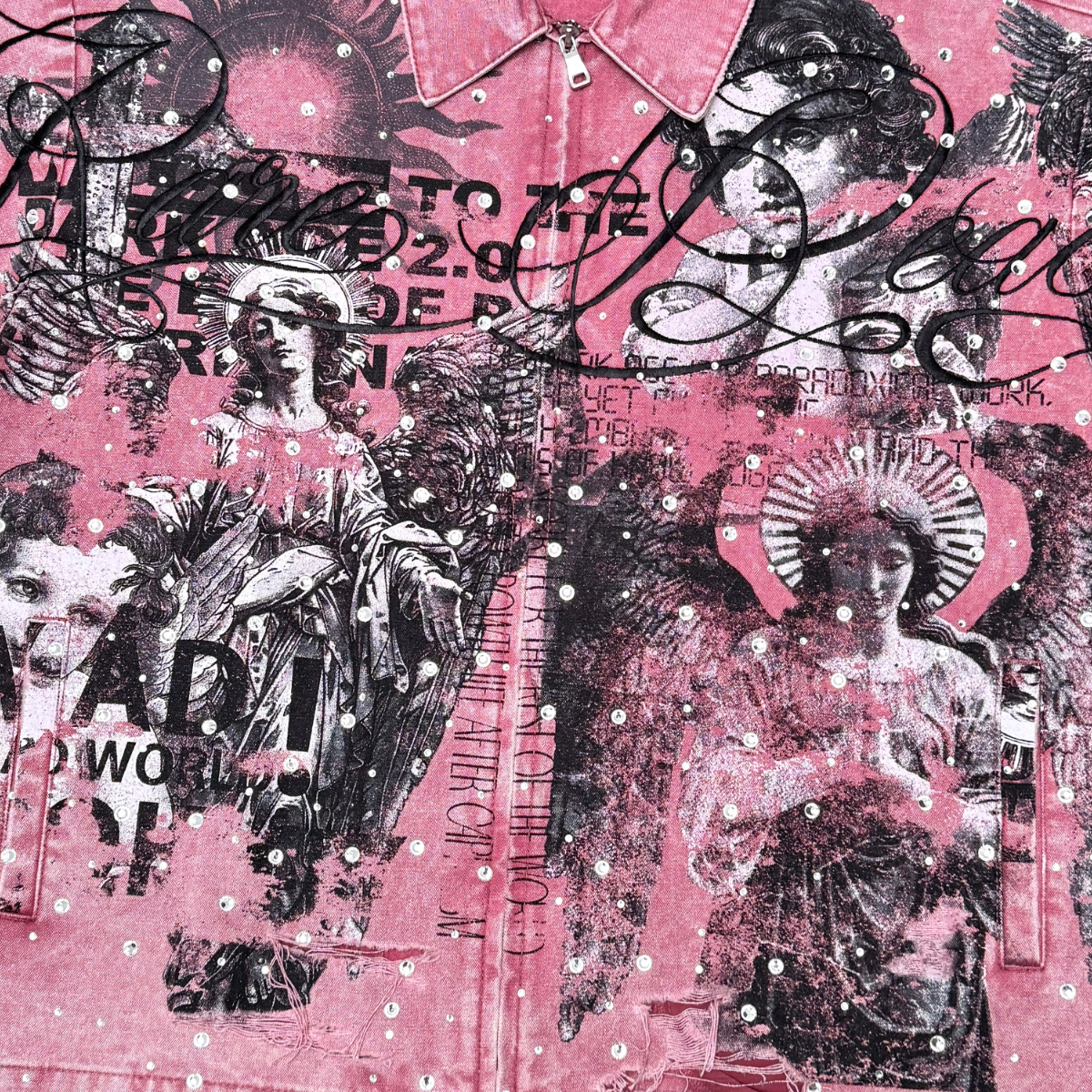 Rare Peace "All Over Angel" Rhinestone Dust Pink Zip Down Shirt (RJ6062)