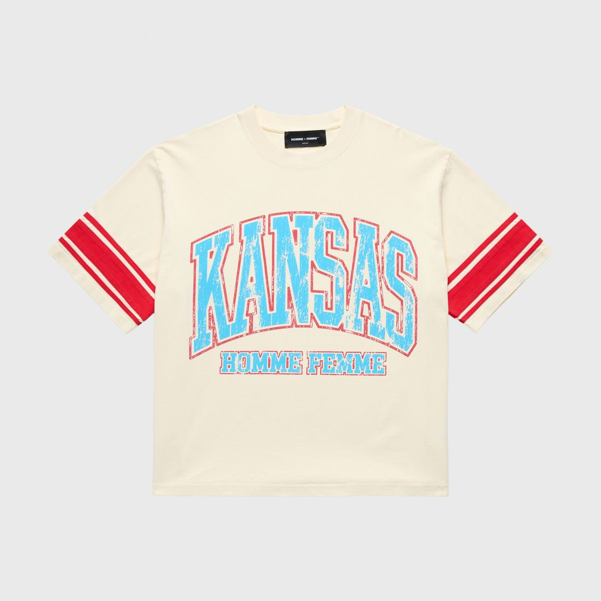 Vintage washed Kansas cropped graphic tee featuring bold chest print and Homme Femme below in heavyweight cotton