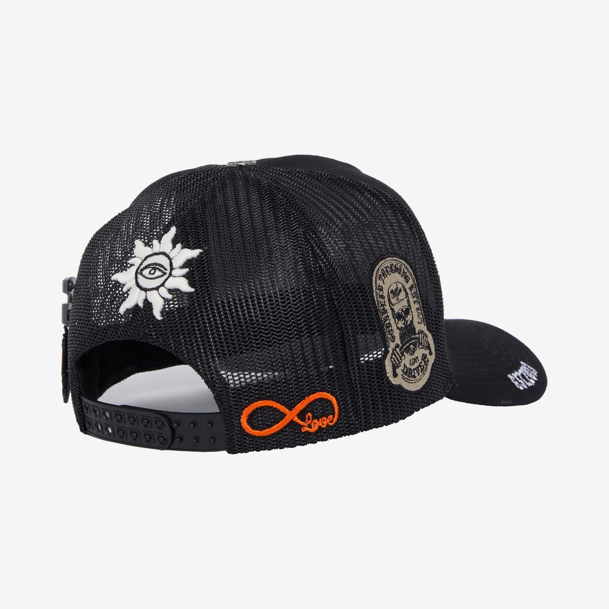 Side view of the black and white Godspeed Forever Trucker Hat highlighting its structured design and signature embroidery