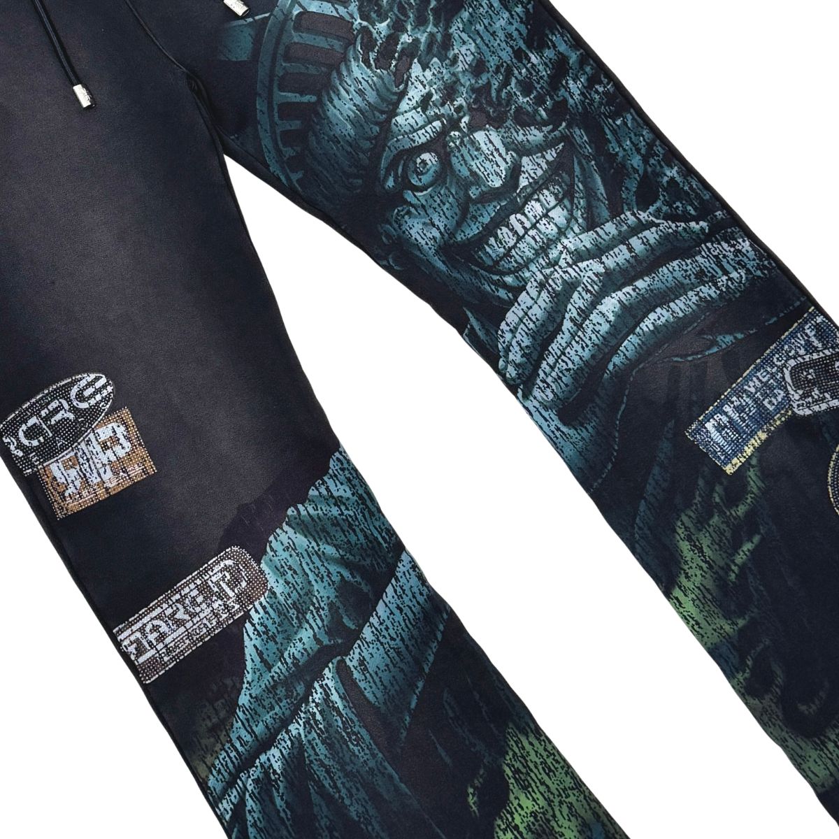 Rare Peace "Statue" Rhinestone Washed Black Stacked Jogger