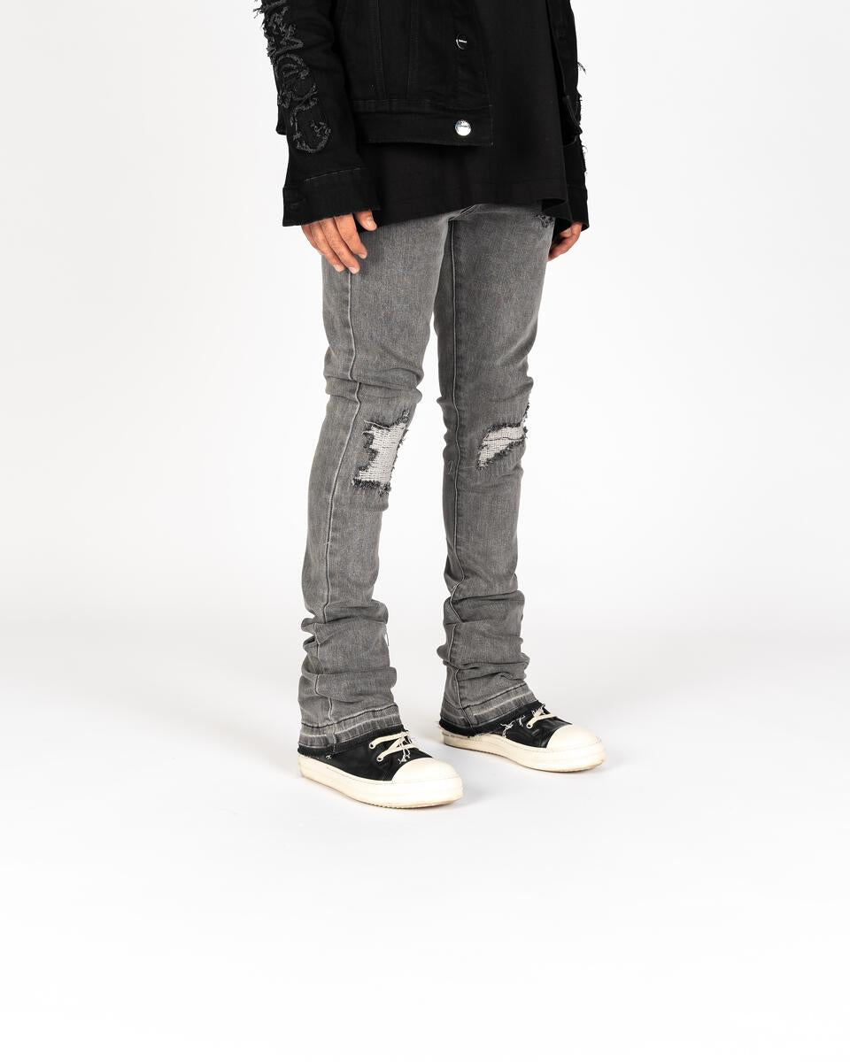PHEELINGS 'Soulful Serenity' Charcoal Grey Flare Stack Denim - High-quality, comfortable and stylish denim jeans for women