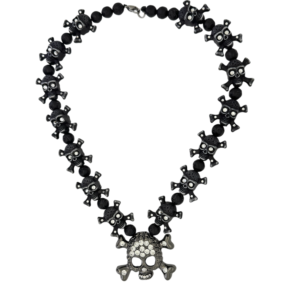 Black metal skull and crossbones pirate necklace with authentic Swarovski crystals