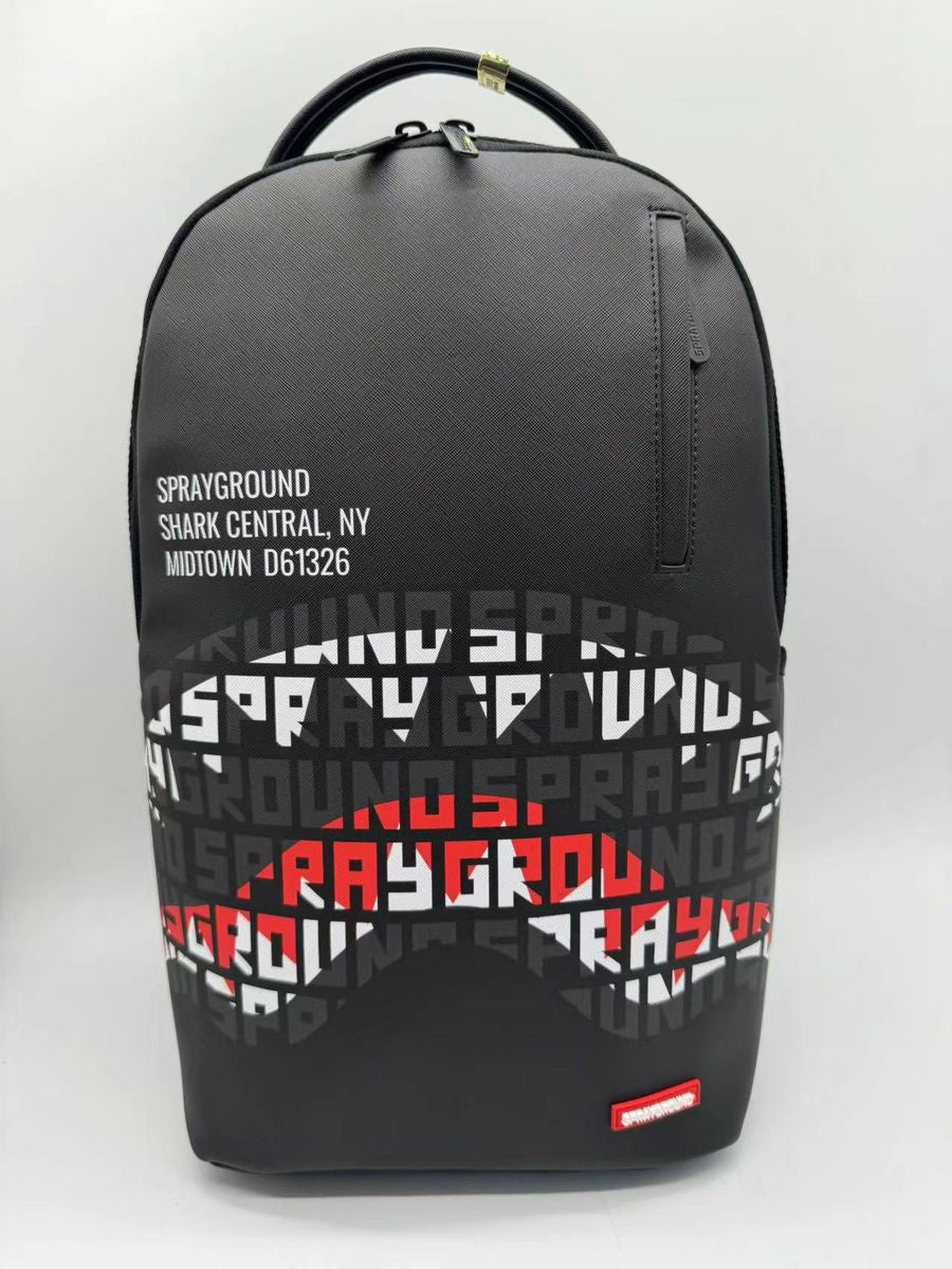 A detailed image of the Sprayground Shark Central Infinity Mouth Backpack with dimensions and PVC material
