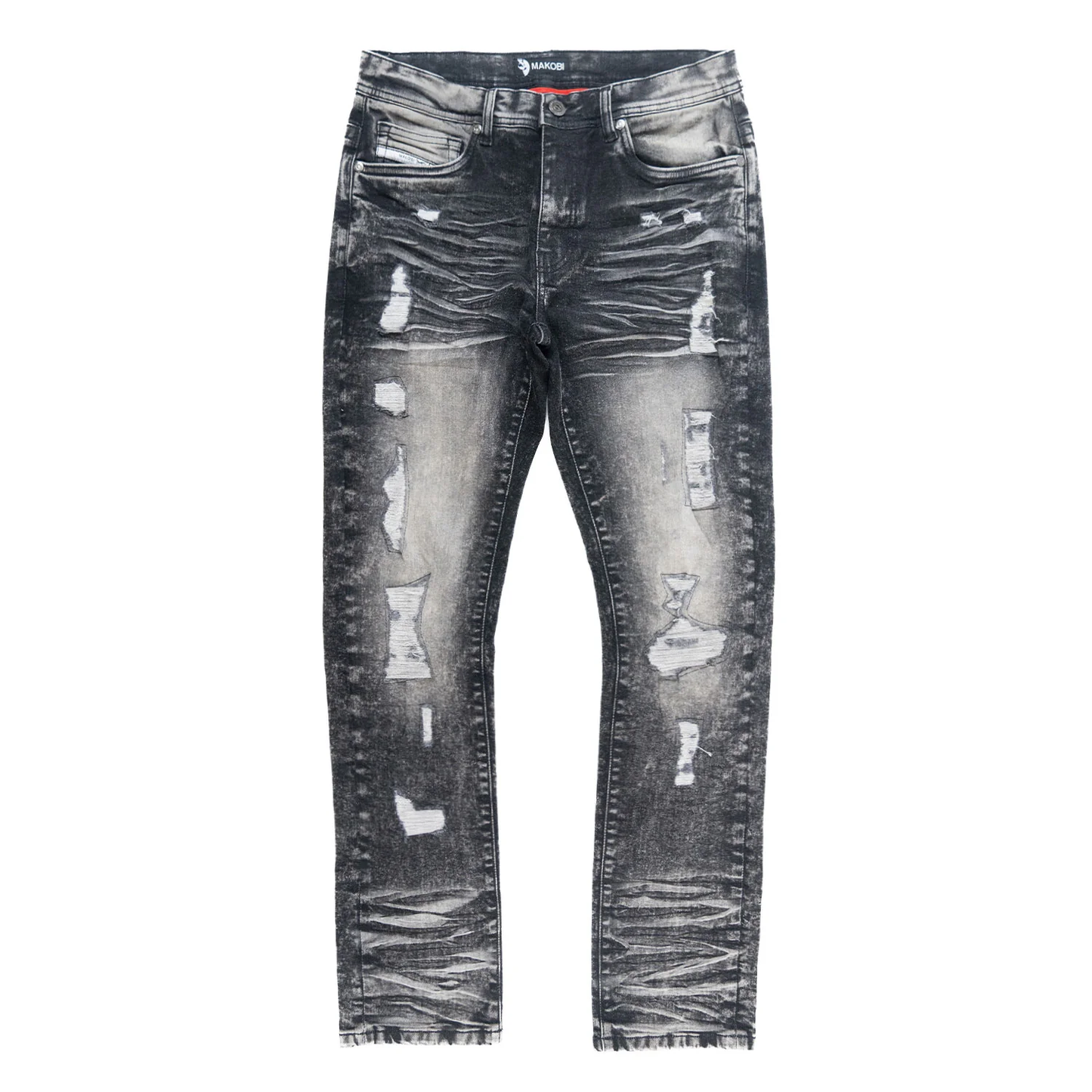 Close-up of the textured black wash denim fabric of Makobi Moreli Black Wash Denim Jeans style M1979