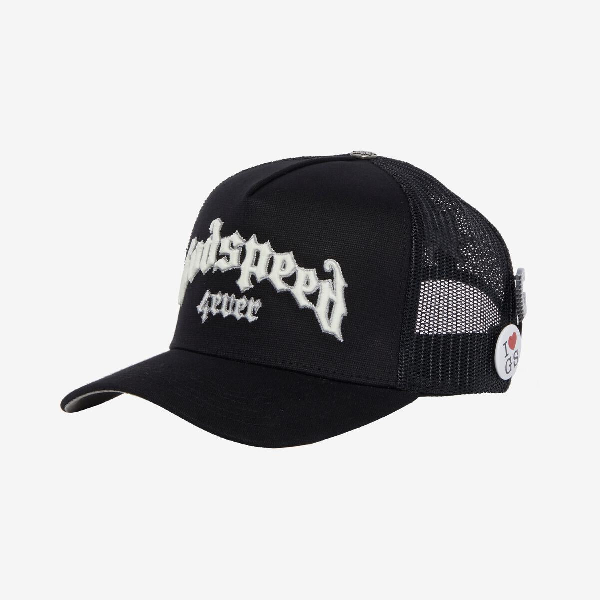 Close-up of the Godspeed Forever signature trucker hat featuring black and white colors with unique embroidery details