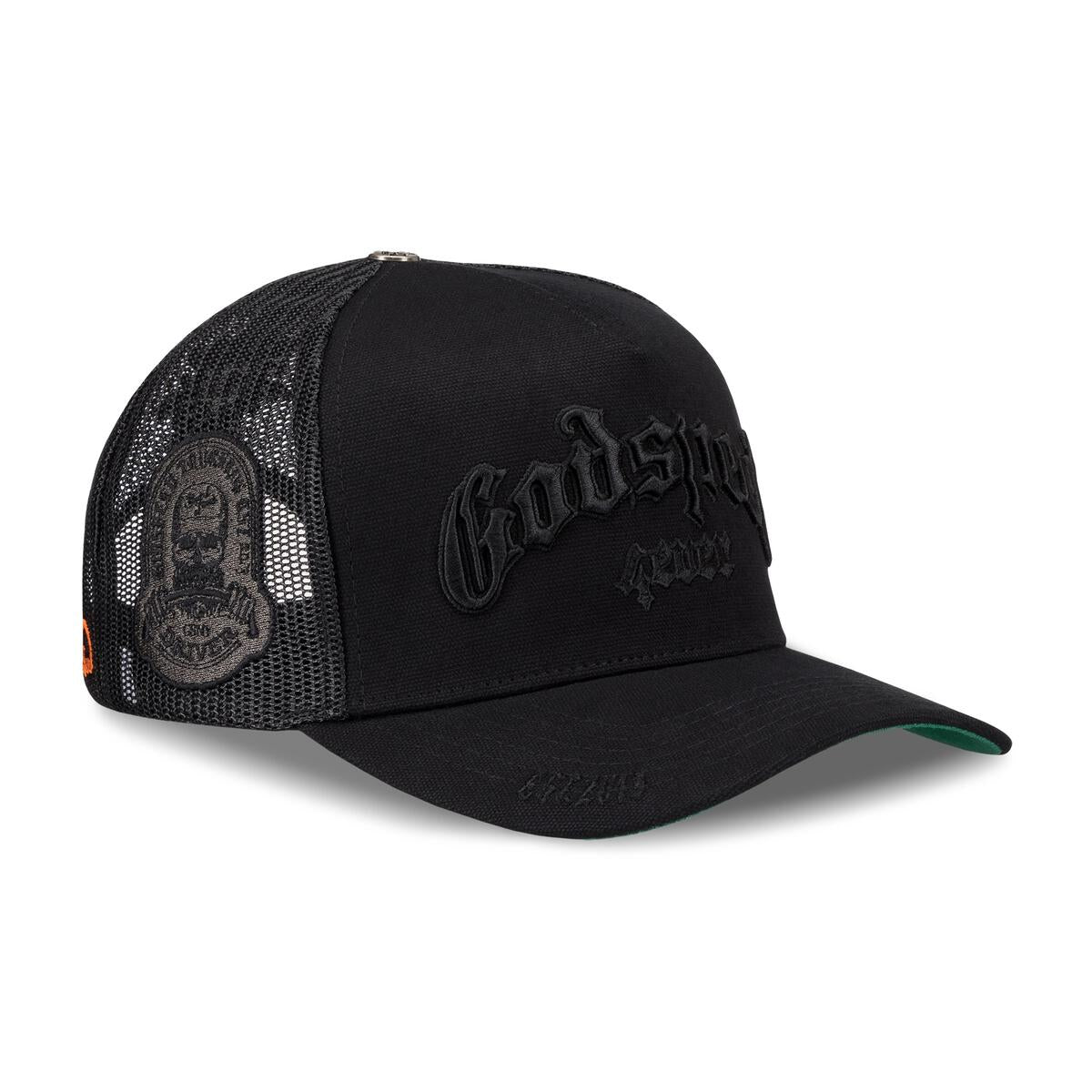 Limited edition Godspeed Forever Vanta trucker hat with color-changing embroidery and pin set