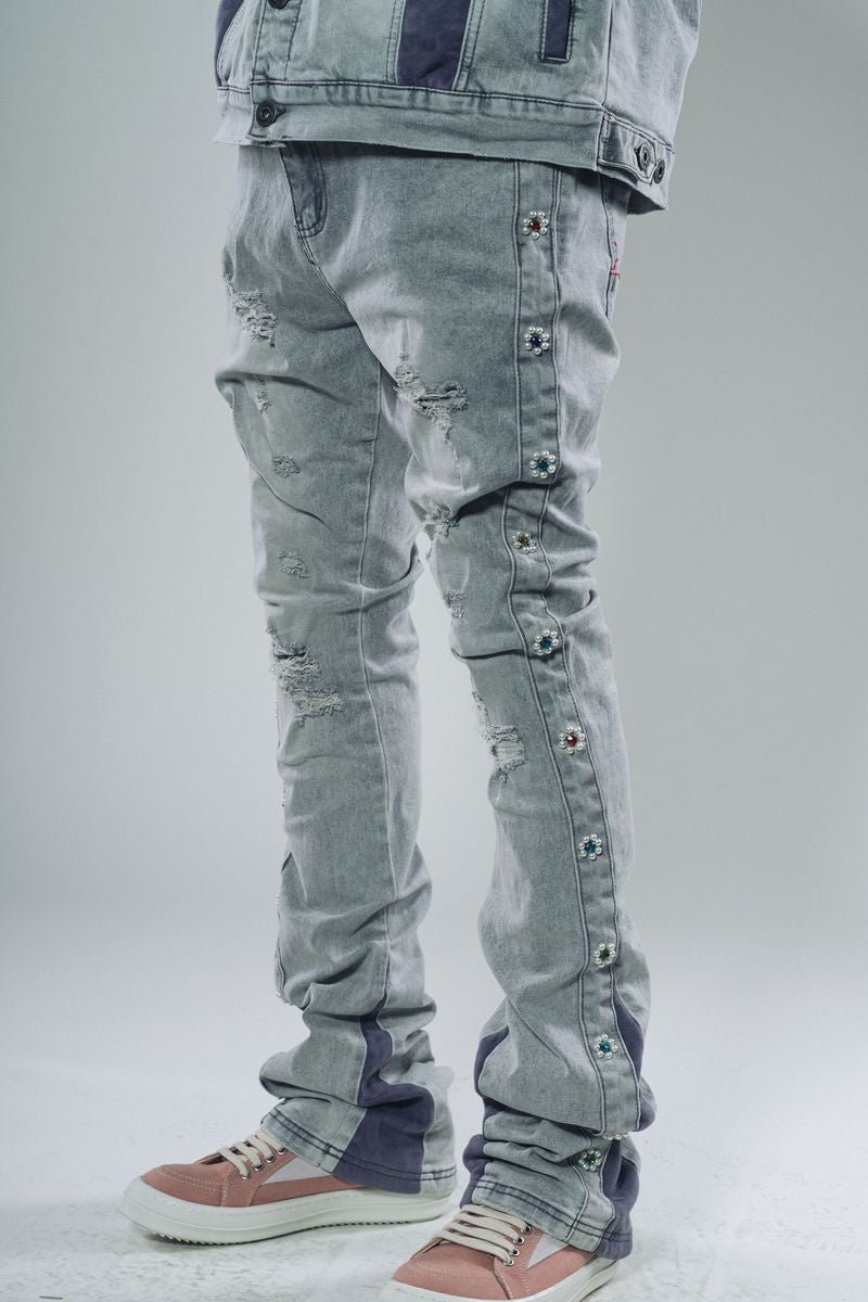 Vicious Light Grey Suede Sew & Pearl Cut Denim Flared Jeans (VC612) style VC612 LIGHT GREY