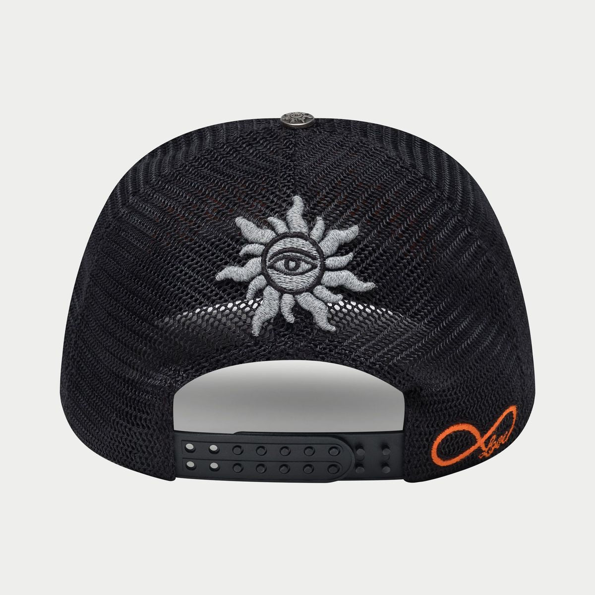 Back view of the limited edition Godspeed Forever Trucker Hat showcasing adjustable strap and camo design