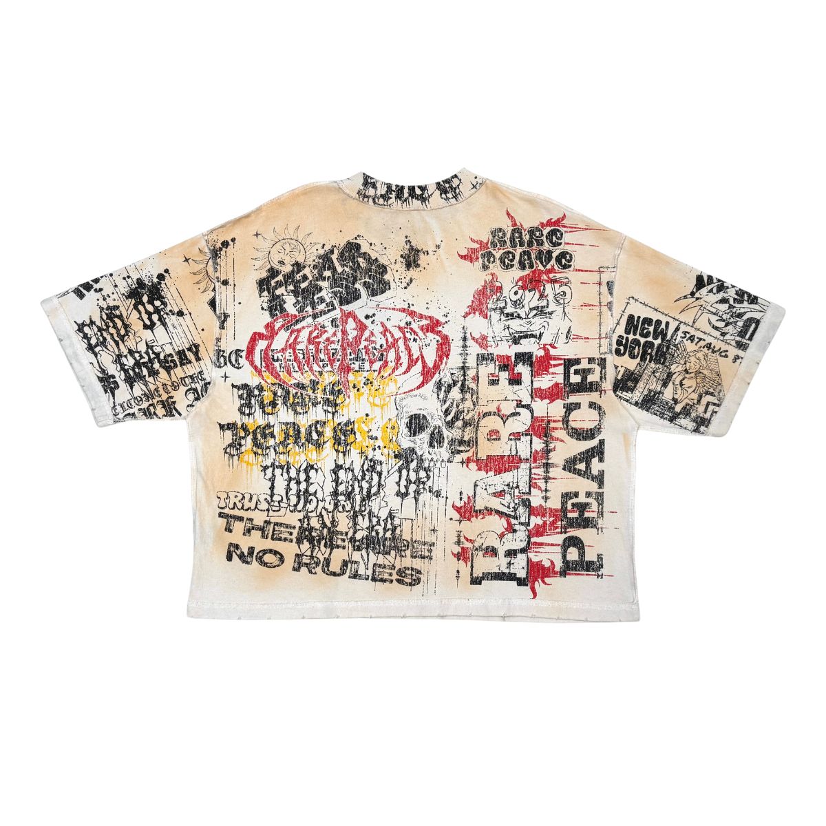 Front of the Rare Peace All Over Rhinestone Ecru Tee emphasizing the bold rhinestone decoration and classic ecru color