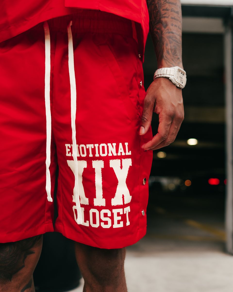 Mixed Emotion "Backyard" Red Nylon Shorts