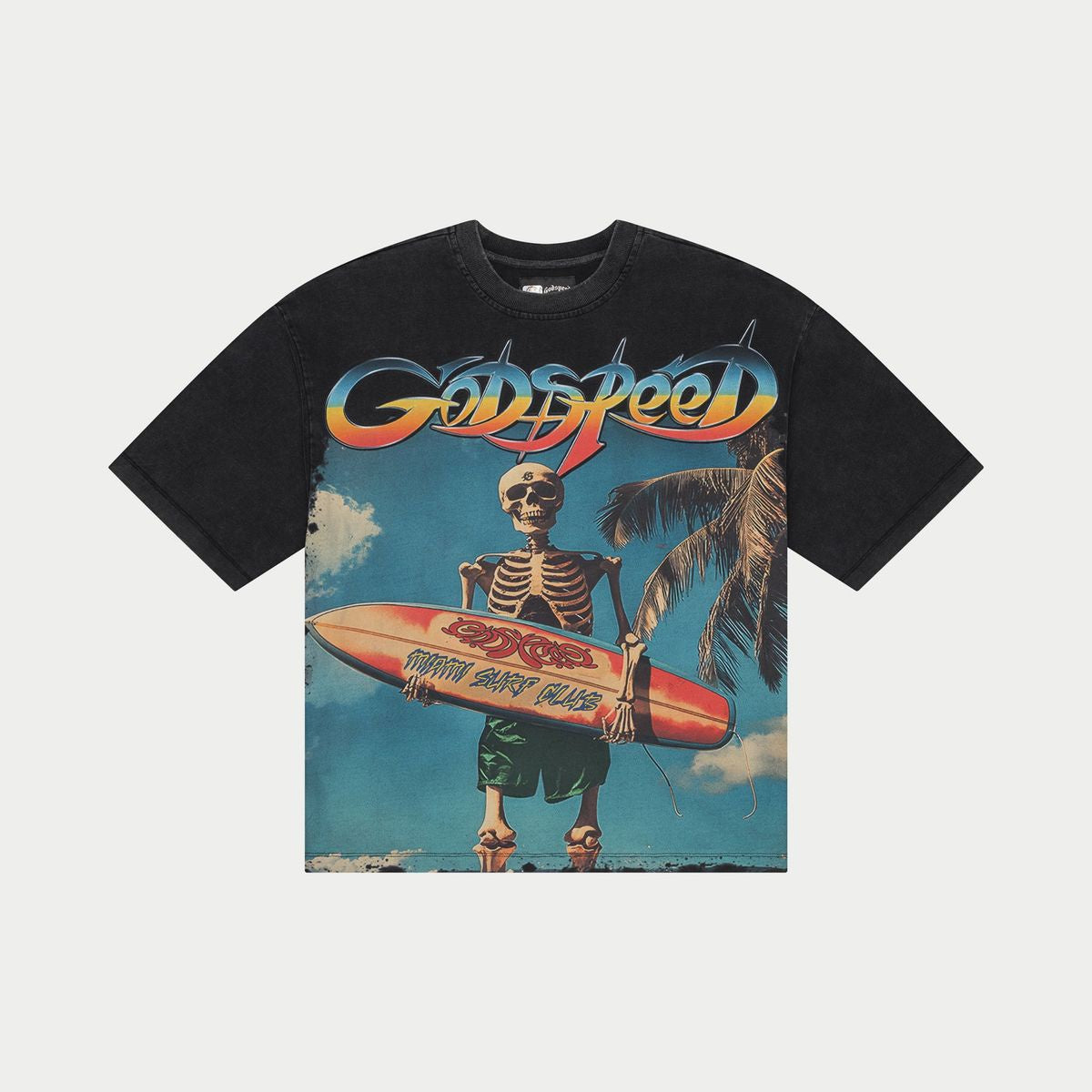 Black Godspeed Miami Surf Club T-Shirt made from 10oz washed fabric with striking art and stone details around the crown