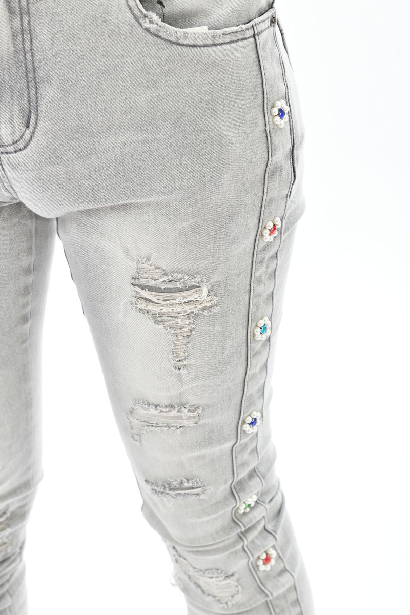 Vicious Light Grey Suede Sew & Pearl Cut Denim Flared Jeans (VC612) featuring a flattering flared silhouette