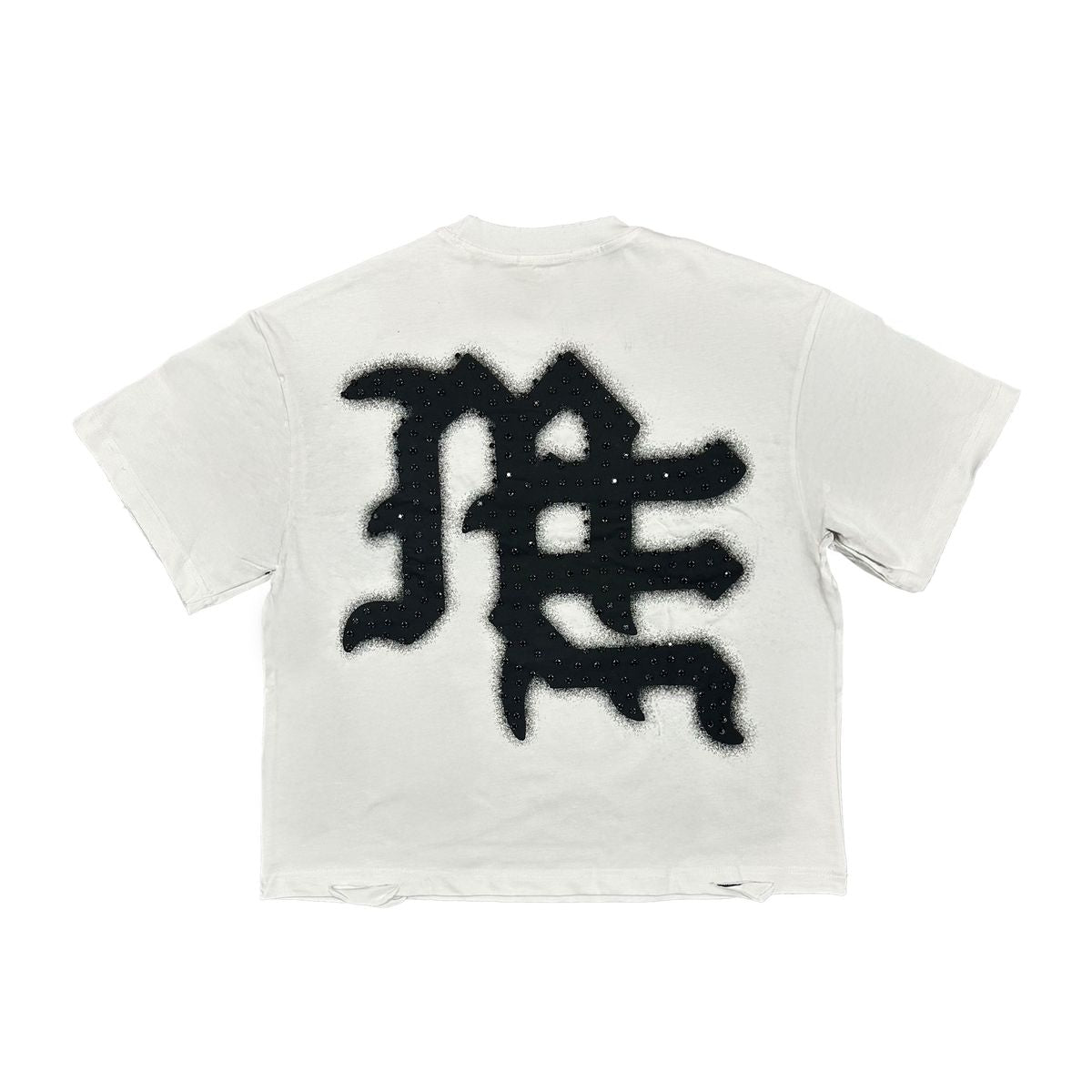 Close-up of Mixed Emotion Emotions Never End White/Black Rhinestone Tee showcasing intricate black rhinestone detailing on the word End for a striking visual effect