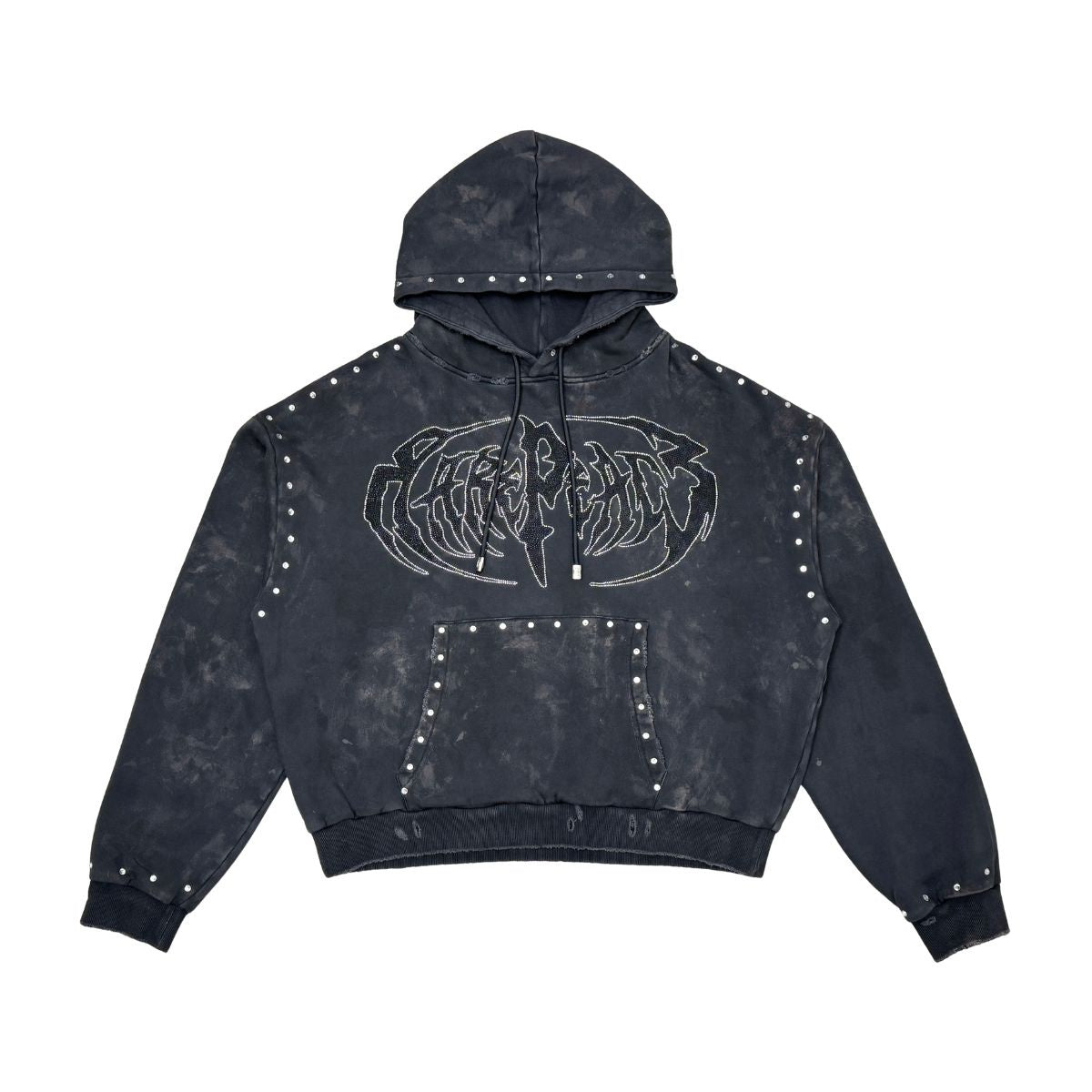 Rhinestone RP Logo on washed dark grey hoodie showcasing stylish detail