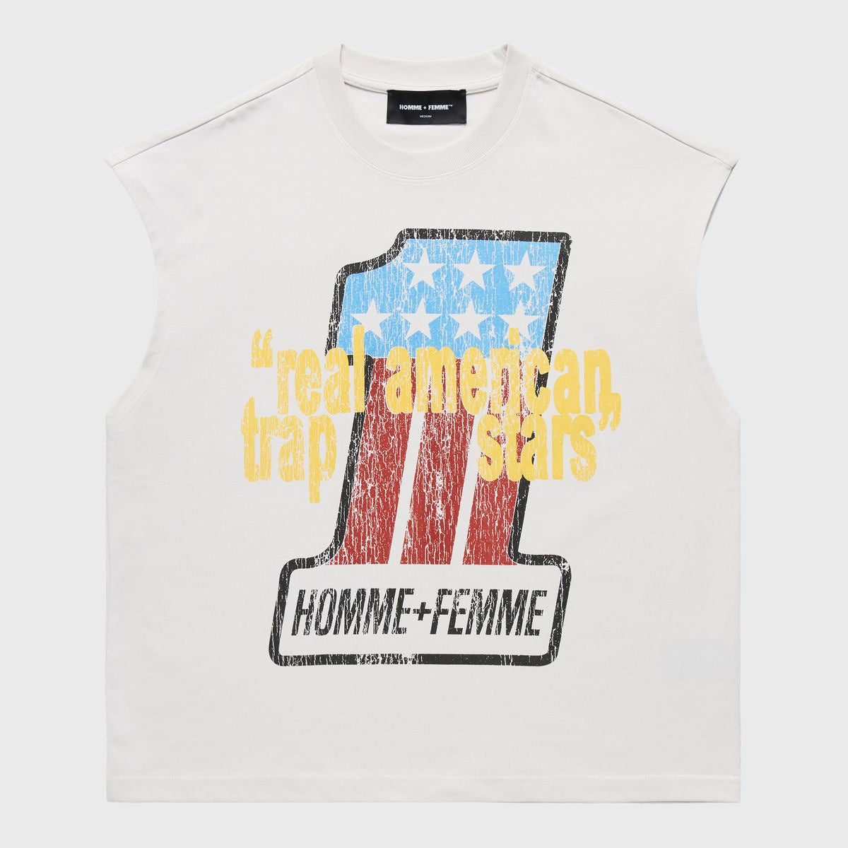 100% cotton Trap Star cutoff white T-shirt for men and women with branded graphics