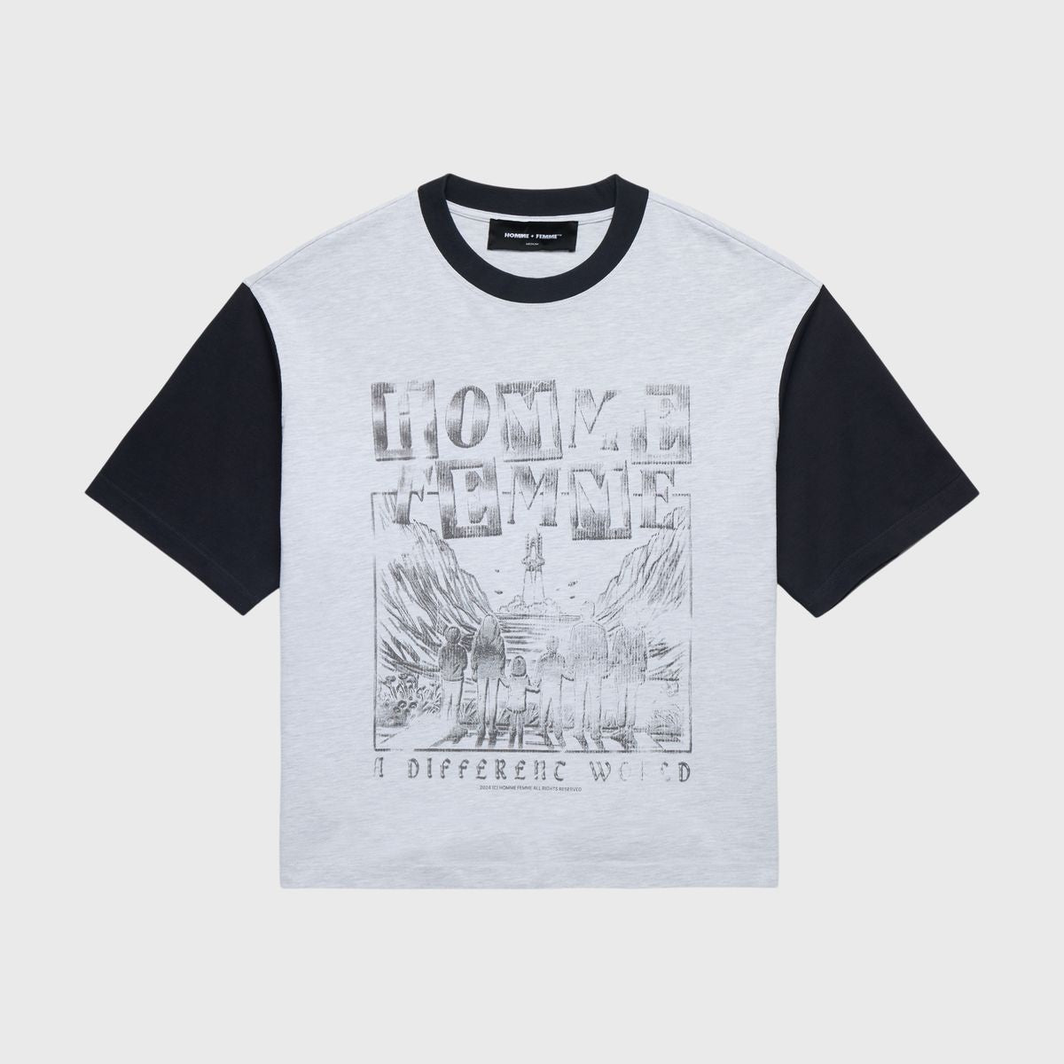 Homme + Femme Takeoff White/Black Tee for men in stylish design with bold logo and contrast color scheme