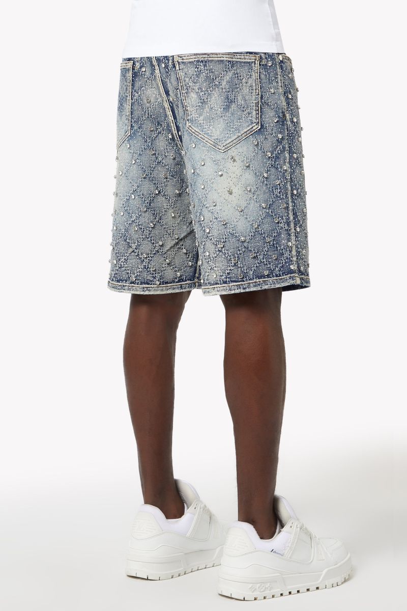 Vibrant aqua blue embellished denim shorts with diamond-pattern rhinestone detailing