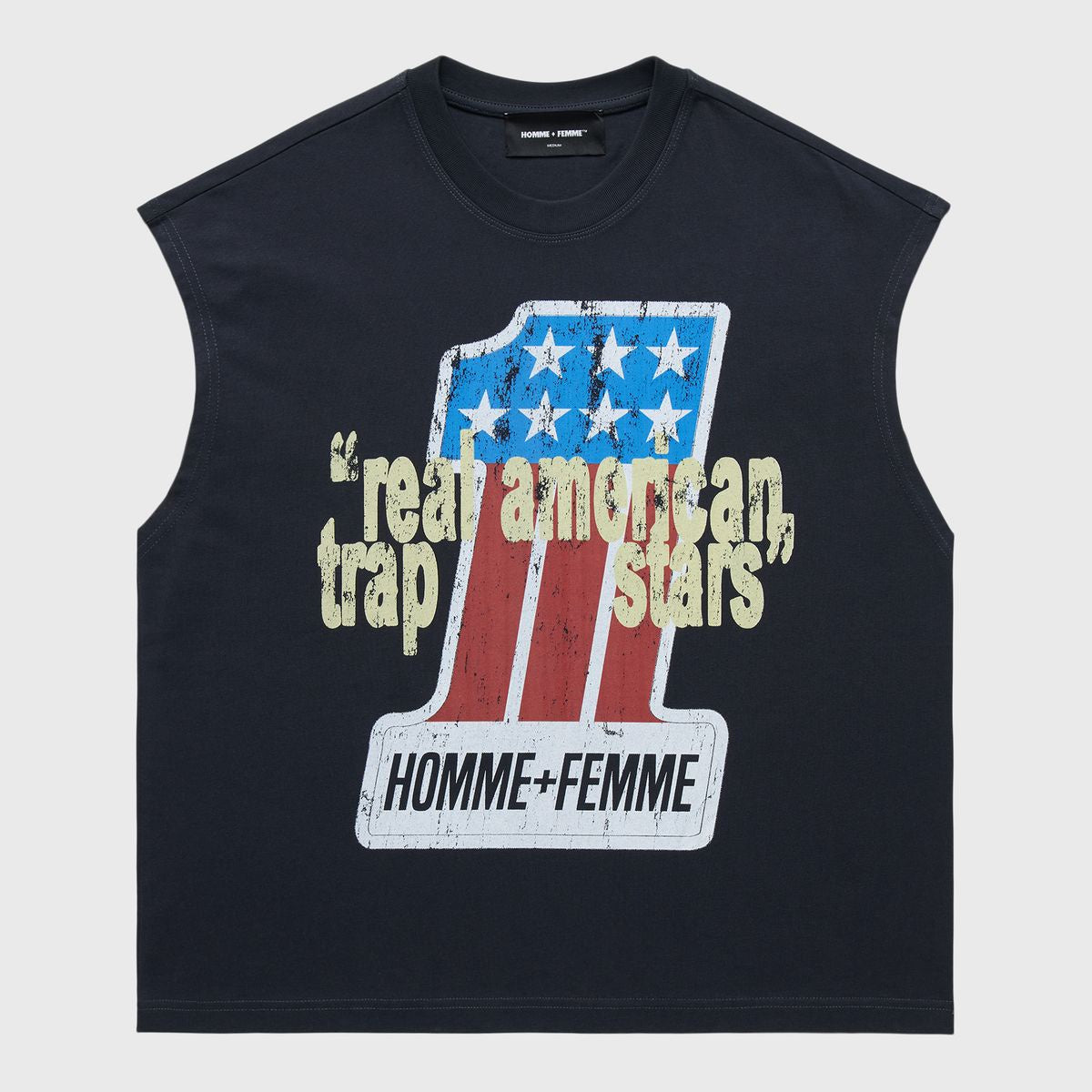 100% cotton Homme + Femme Trap Star Cutoff Black T-shirt with branded graphics on front and back