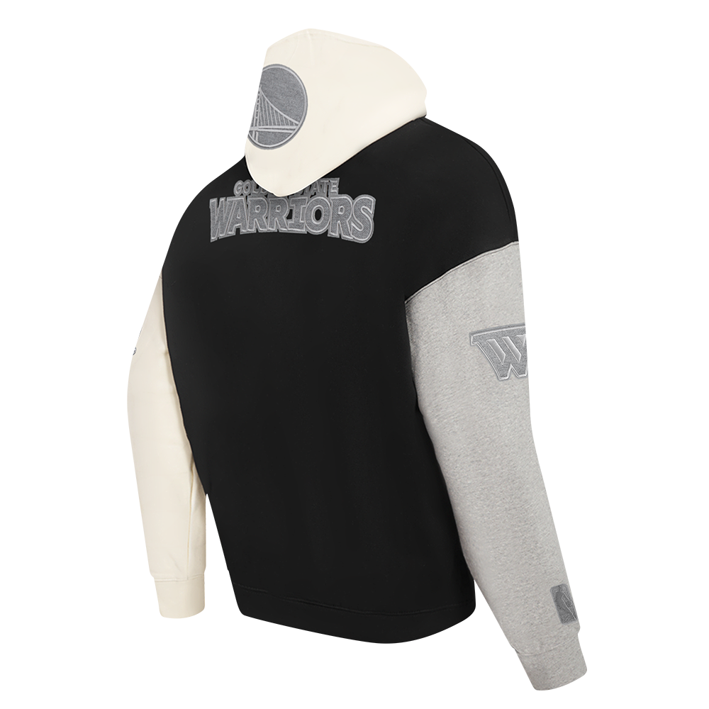 The hoodie laid flat displaying the combination of black, grey, and eggshell sections with the Golden State Warriors branding
