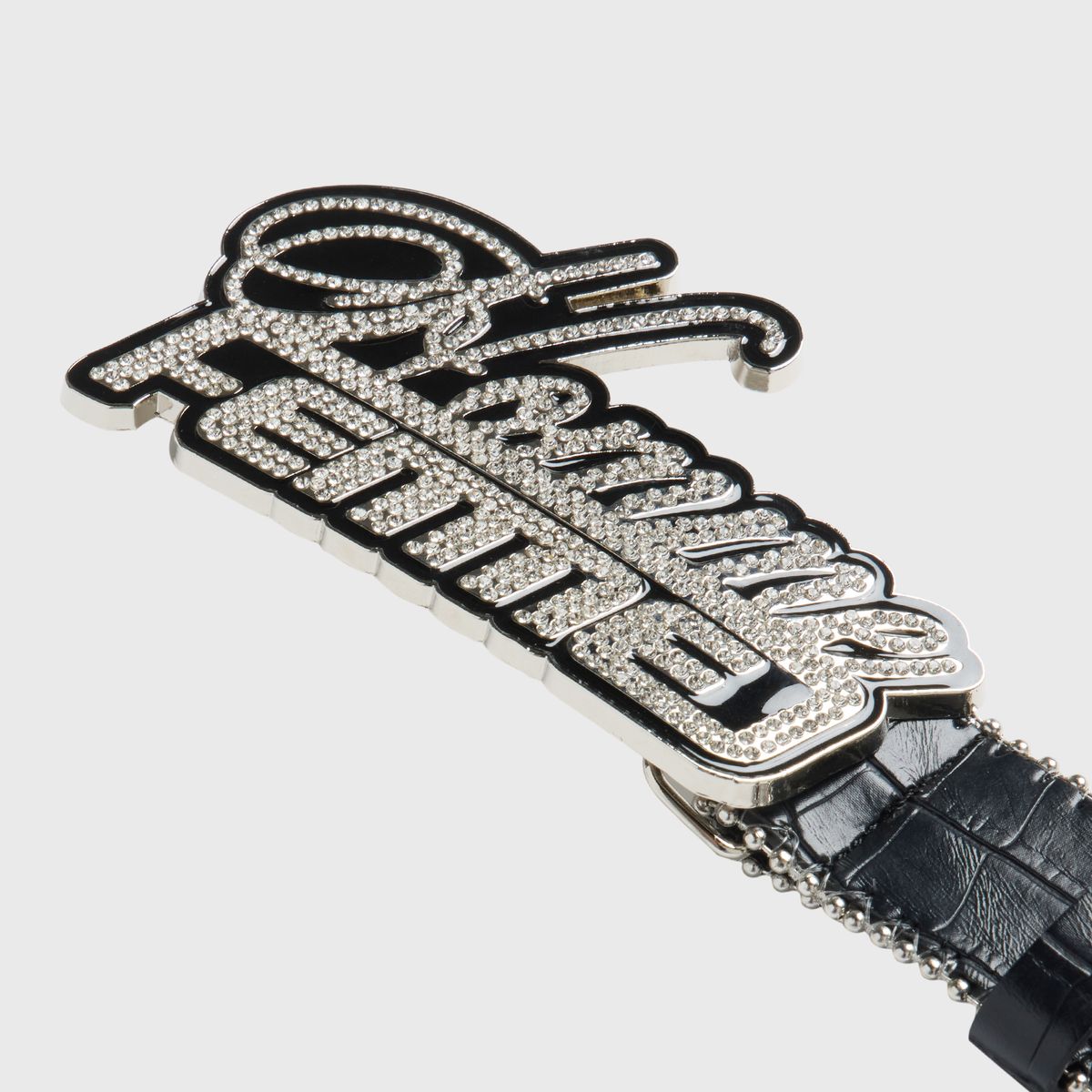Signature exotic men's and women's black gator belt featuring iridescent stones and a detailed heavyweight buckle