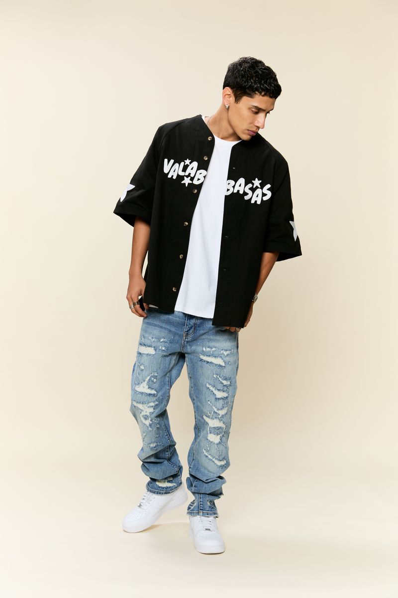 Valabasas Thrashed Vintage Blue Wash Straight Jeans - High-quality, distressed blue denim with a straight leg fit