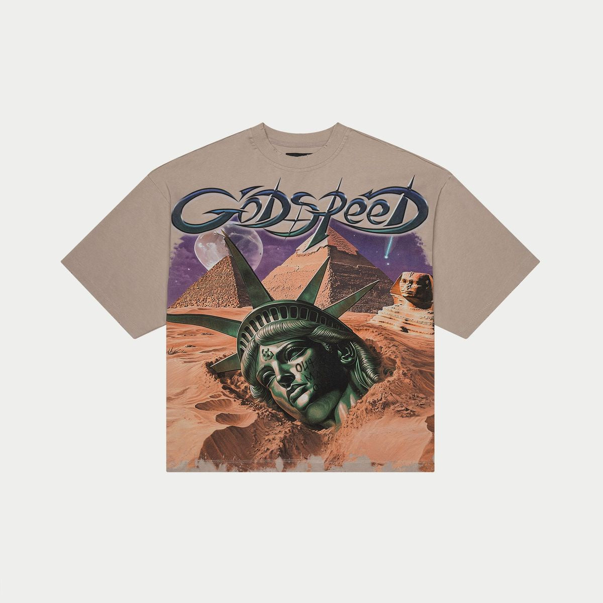 Long-sleeve stone grey T-shirt featuring limited edition Godspeed Mother Cairo artwork on 10oz washed fabric, numbered and exclusive