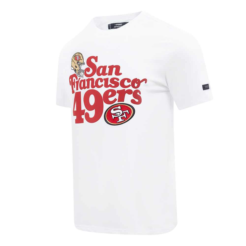 Men's short sleeve white Pro Standard 49ers souvenir tee showcasing team colors and logo placement