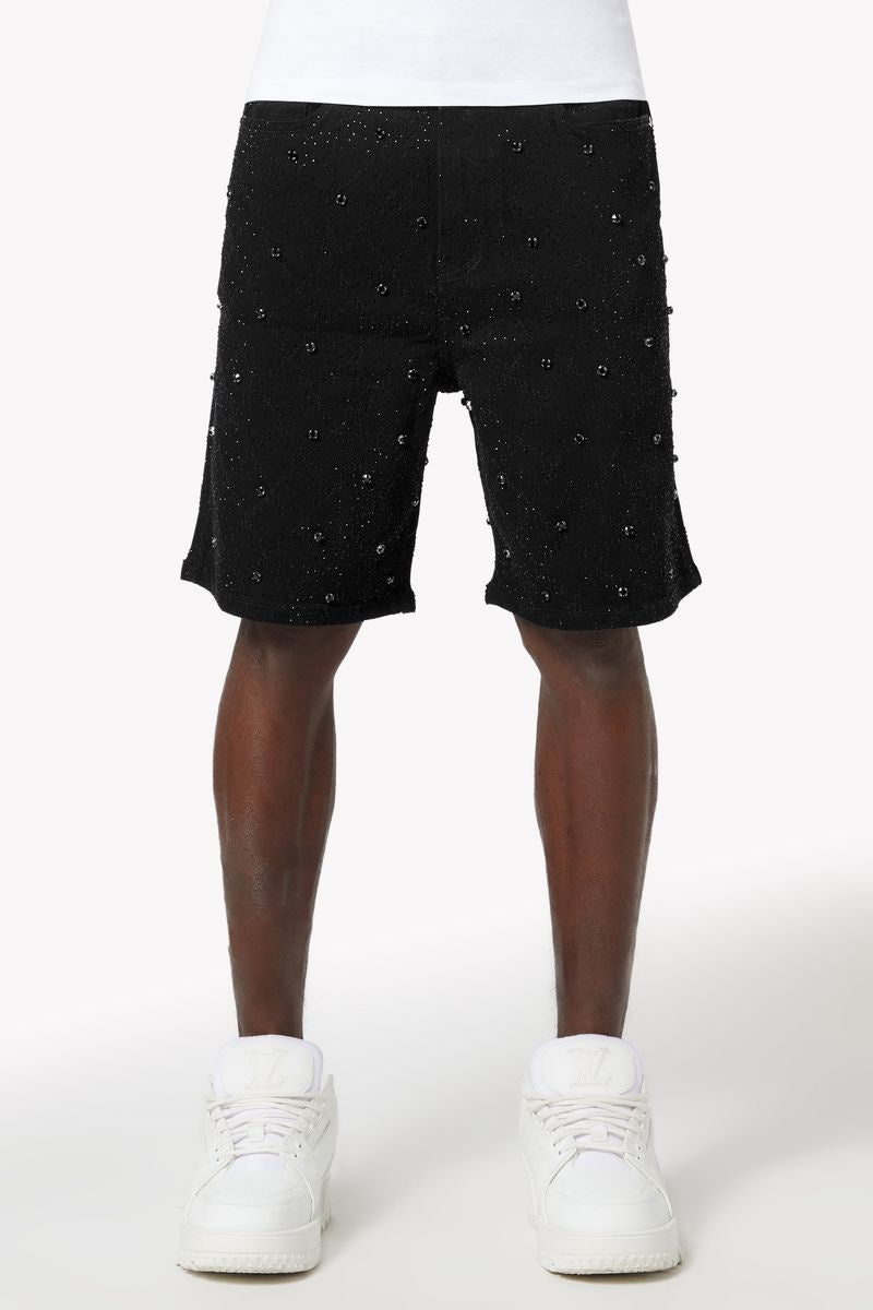 Guapi All Black Embellished Denim Shorts featuring intricate embellishments and stylish design for trendy summer wear