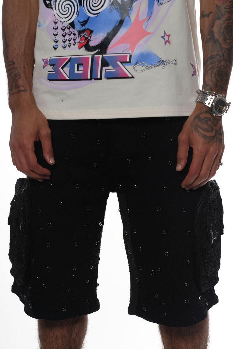 Front view of Vicious Embellished Rhinestone Jet Black Denim Shorts showcasing their fashionable design and rhinestone accents