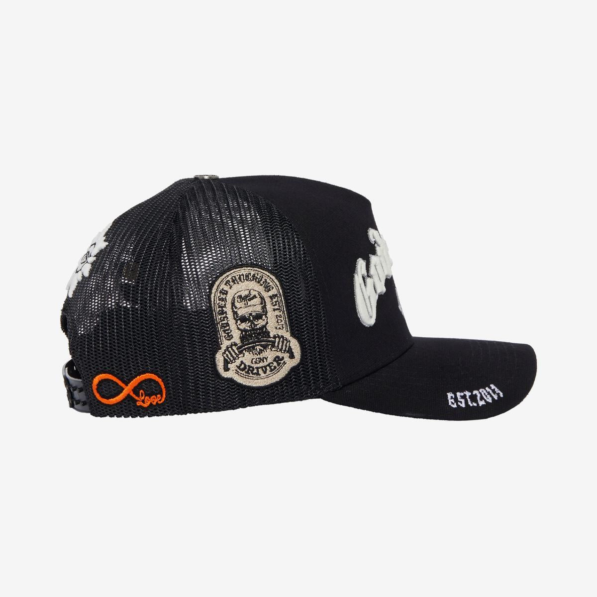 Godspeed Forever Trucker Hat with 3-piece pin set and color-changing embroidery, packaged in a special limited edition box