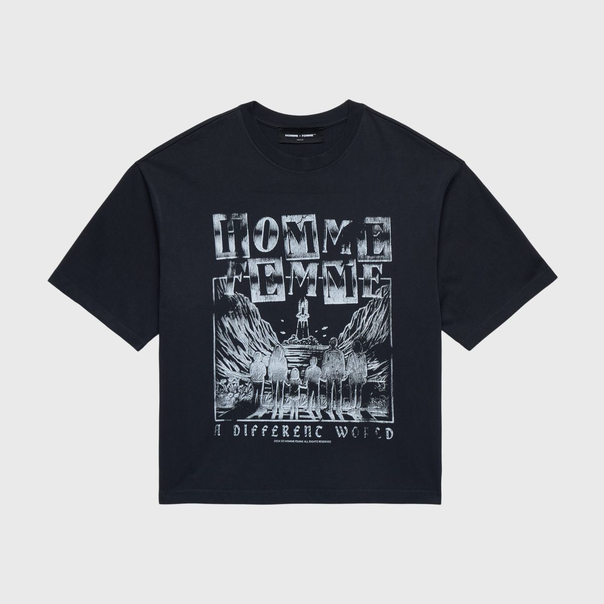 Alt text: Homme + Femme Takeoff Black Tee, a stylish and versatile unisex t-shirt perfect for everyday wear