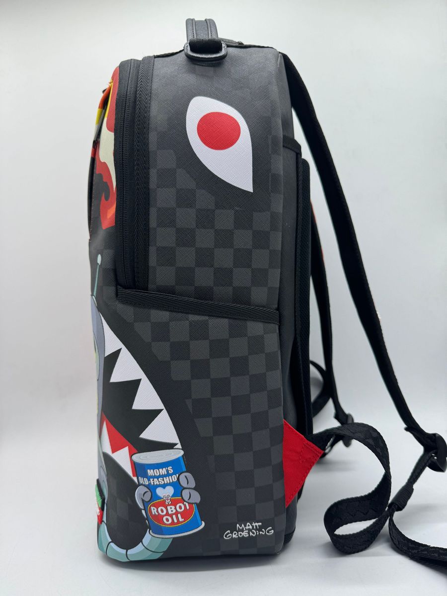 Backview of the Sprayground Bender Fire Drama Backpack showcasing its spacious dimensions and detailed artwork