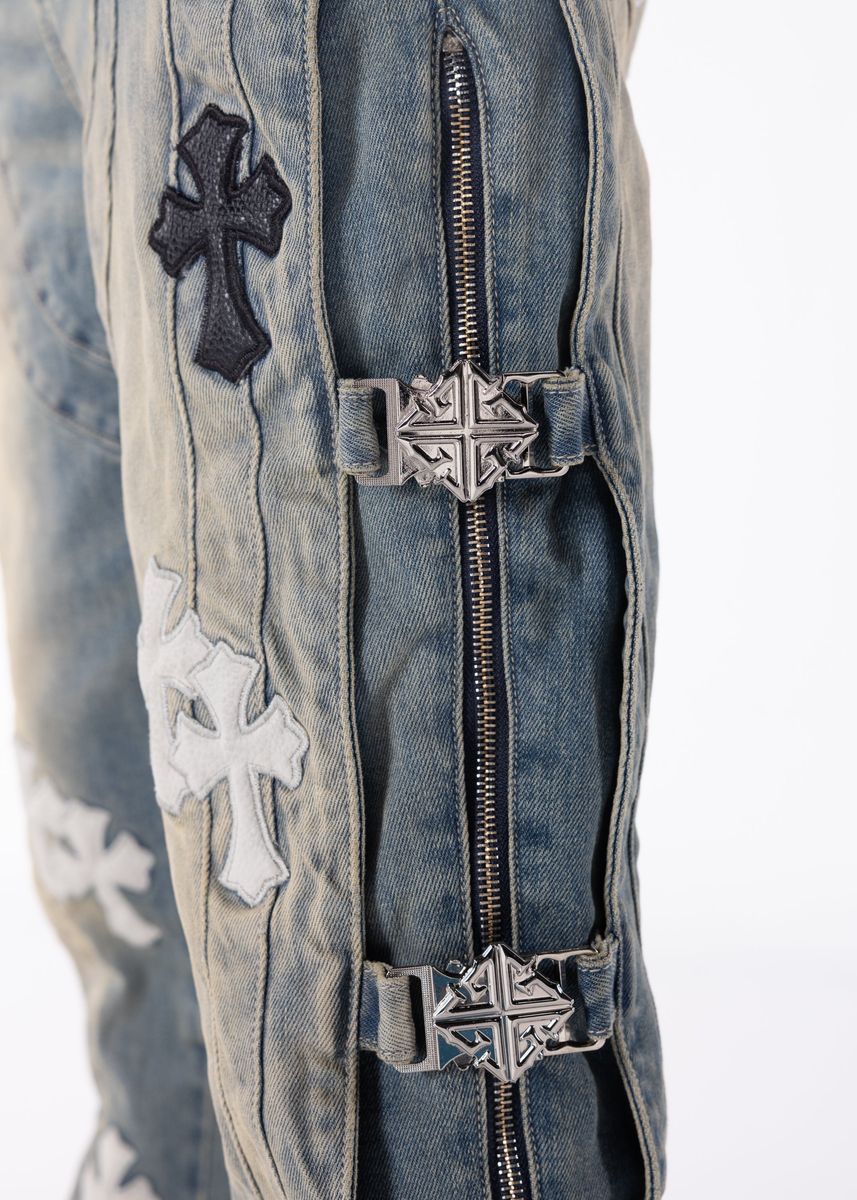 Guapi Vintage Blue Cross Buckle Denim Jeans