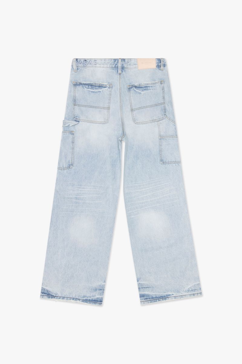 Close-up of Valabasas Mr Straight light blue wash denim jeans showcasing classic straight fit design
