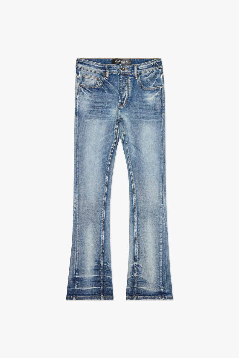 Valabasas Mr Stacked Medium Washed Stacked Denim Jeans side view with distressed details and stacked design
