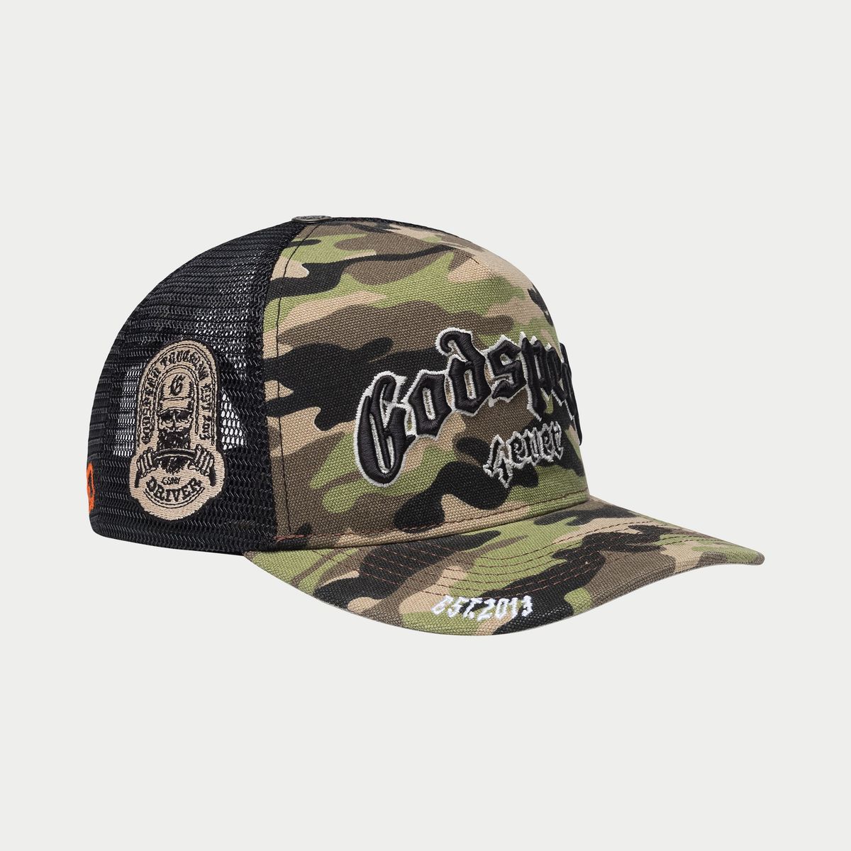 Limited edition Godspeed Forever Trucker Hat in camo with black, blue, and orange colors