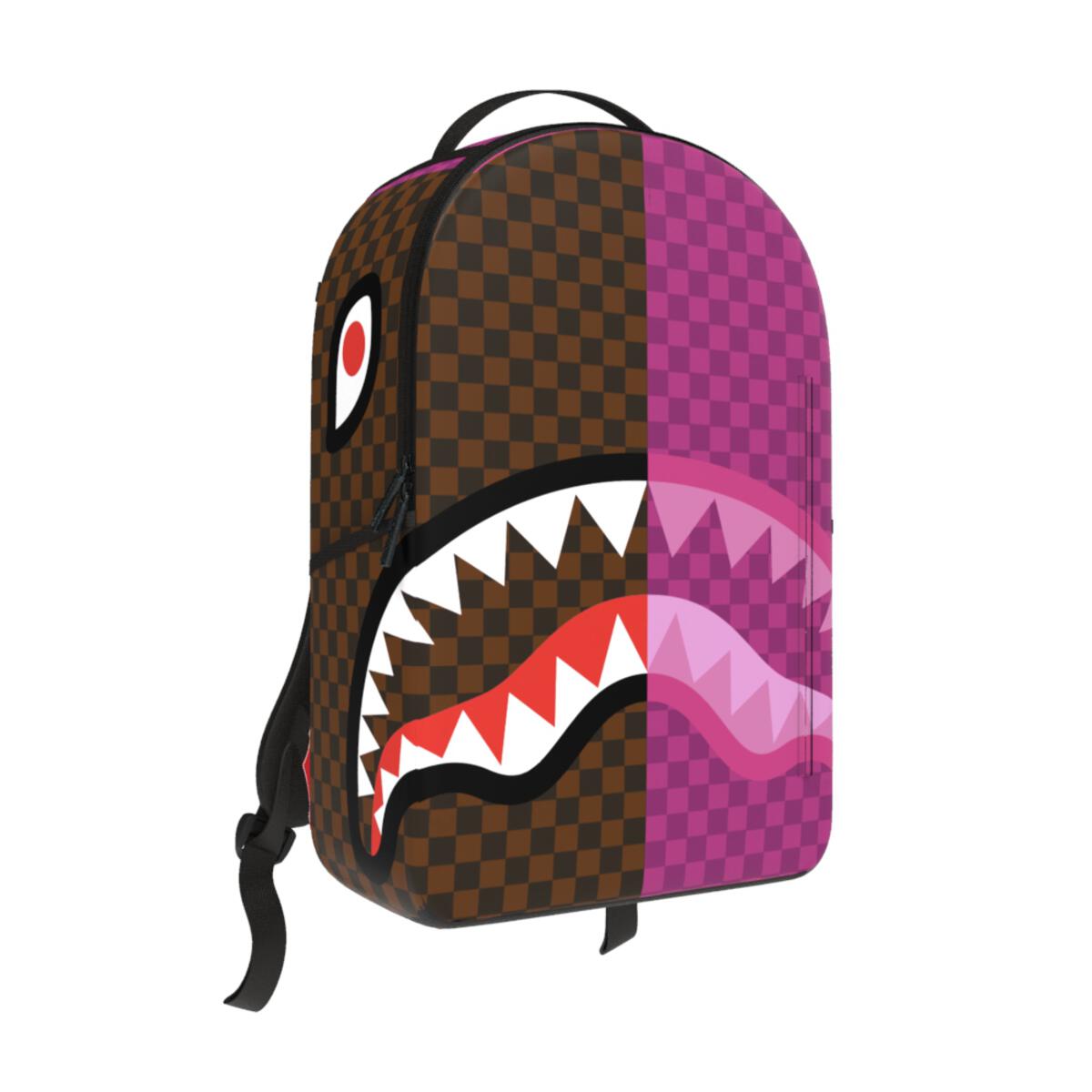 Vivid pink checkered Sprayground Split Sip DLXSV backpack with spacious dimensions
