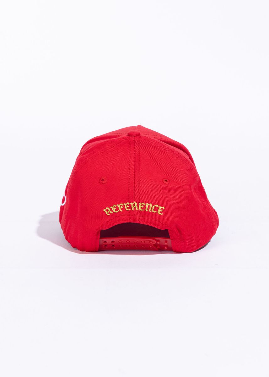 Top angle view of the 9IANTS Snapback Hat in eye-catching red color