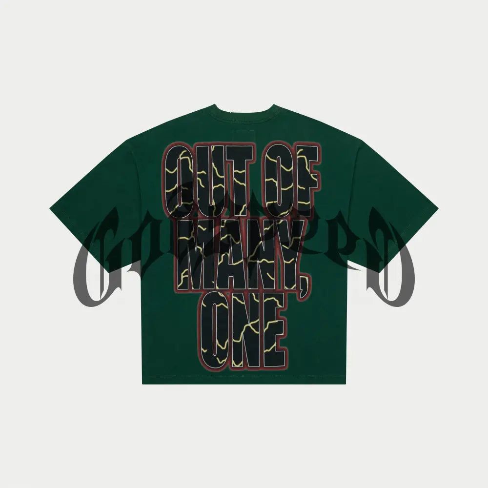 Striking green Godspeed Podium Dreams T-Shirt featuring digital art, numbered authenticity tag