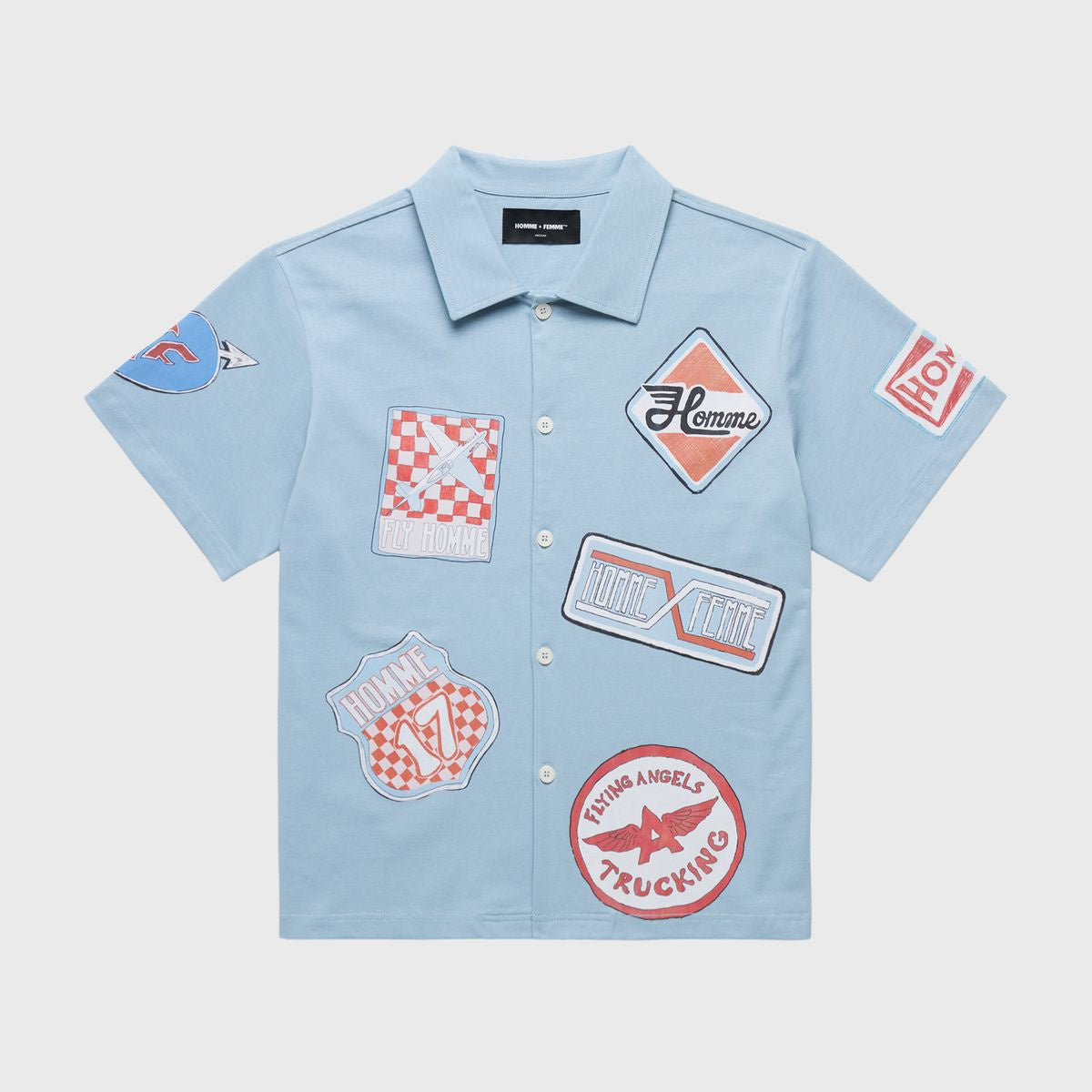 Premium men's and women's Road Trip Baby Blue Button Down featuring digitally printed logos and mother of pearl buttons