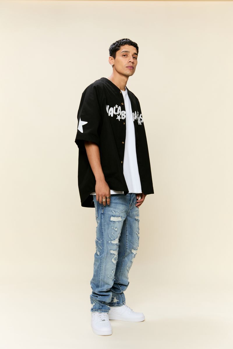 Valabasas Thrashed Vintage Blue Wash Straight Jeans - High-quality distressed denim with a vintage blue wash for a timeless, stylish look