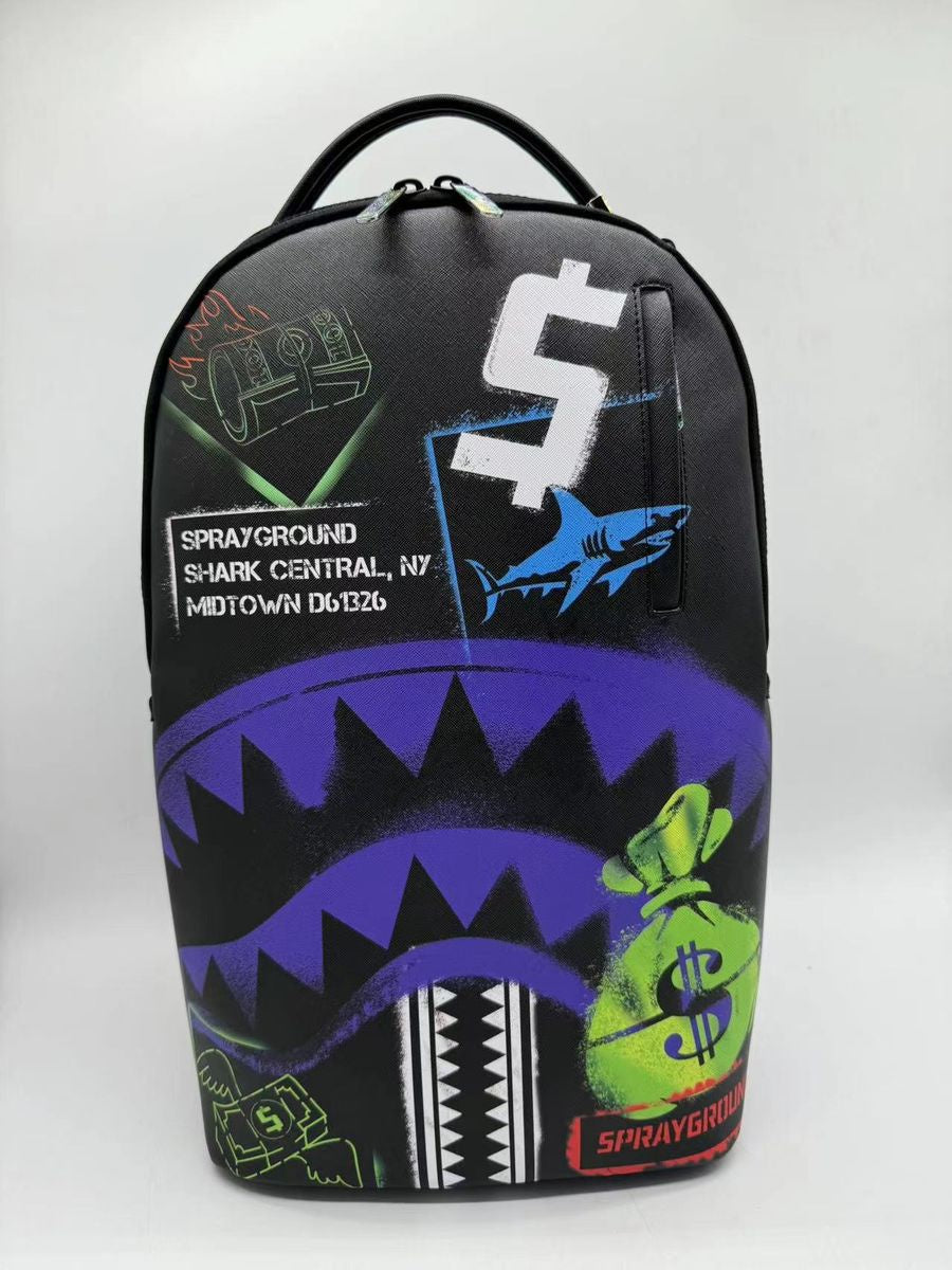 A black Sprayground Shark Central Stencils backpack with bold shark graphic design