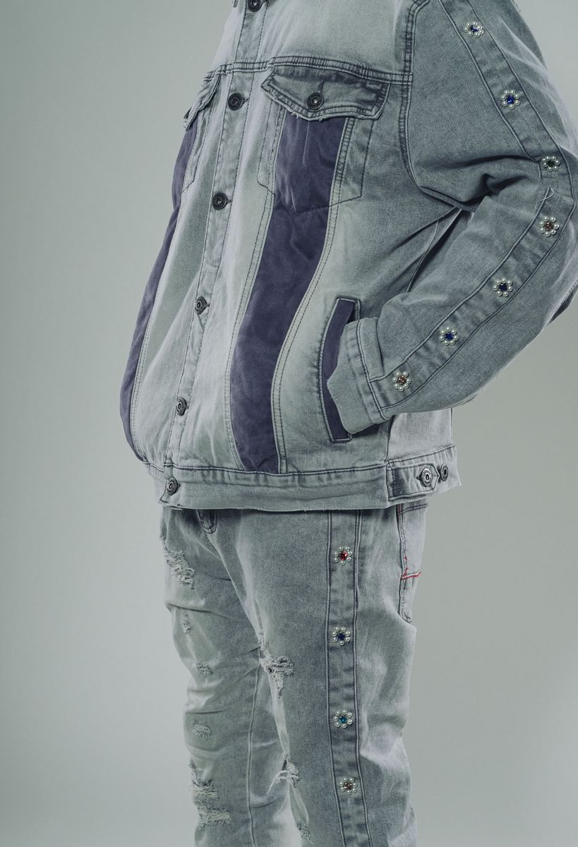 Close-up of Vicious Light Grey Suede Sew & Pearl Cut Denim Flared Jeans (VC612) fabric and pearl detailing