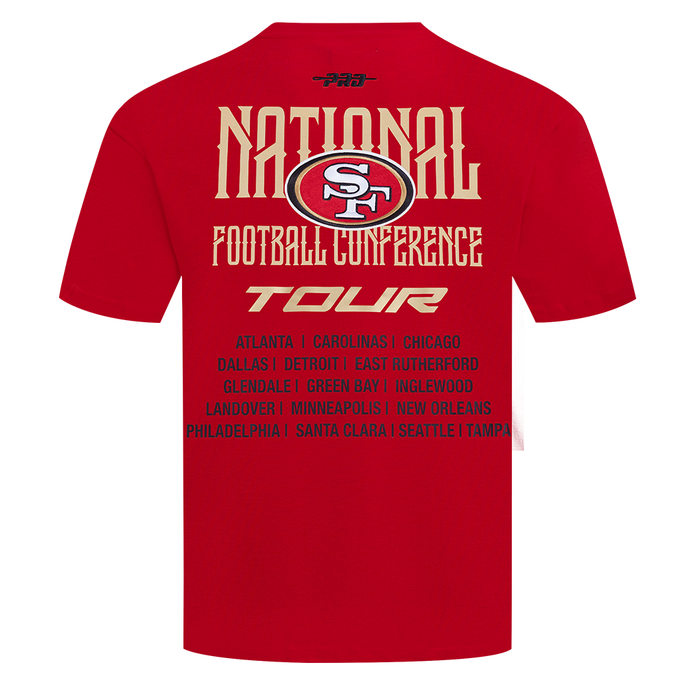 Close-up of the Pro Standard San Francisco 49ers men's short sleeve T-shirt in vibrant red color with team branding