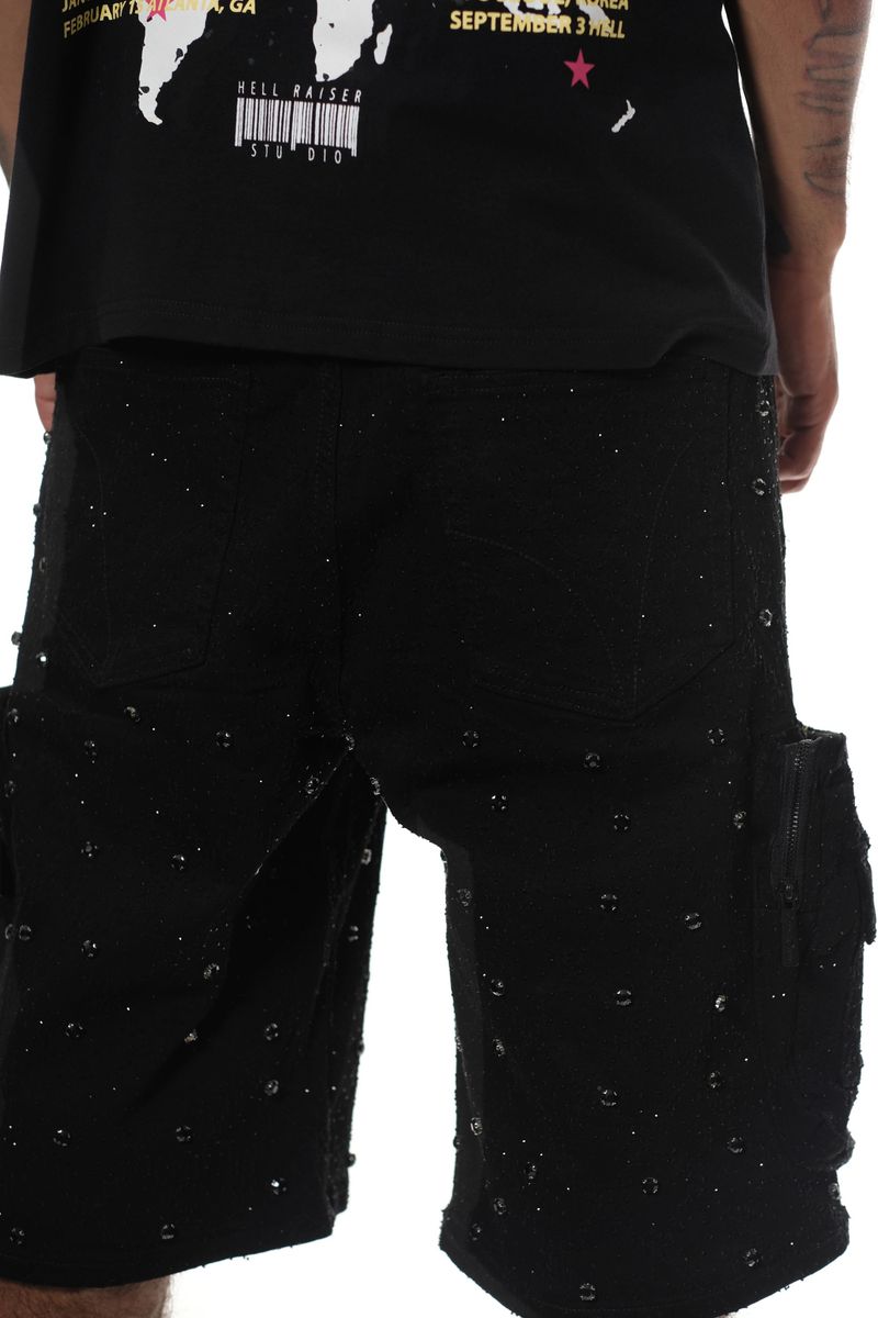 Close-up of Vicious VC950 jet black denim shorts featuring sparkling rhinestone details and stylish embellishments