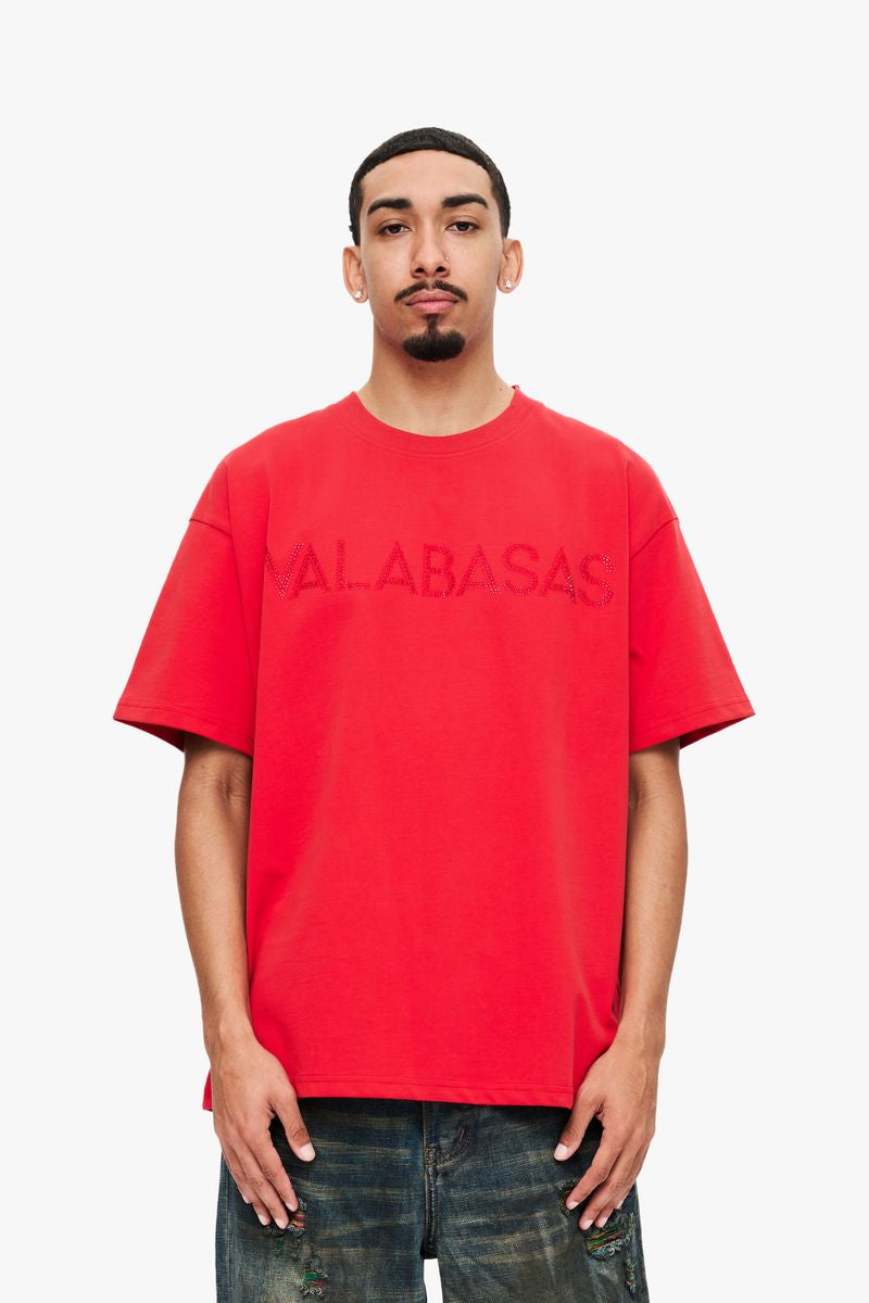 A vibrant red Valabasas Temptation T-shirt featuring the product code VLBS-VT1-1032, displayed flat to showcase the front design