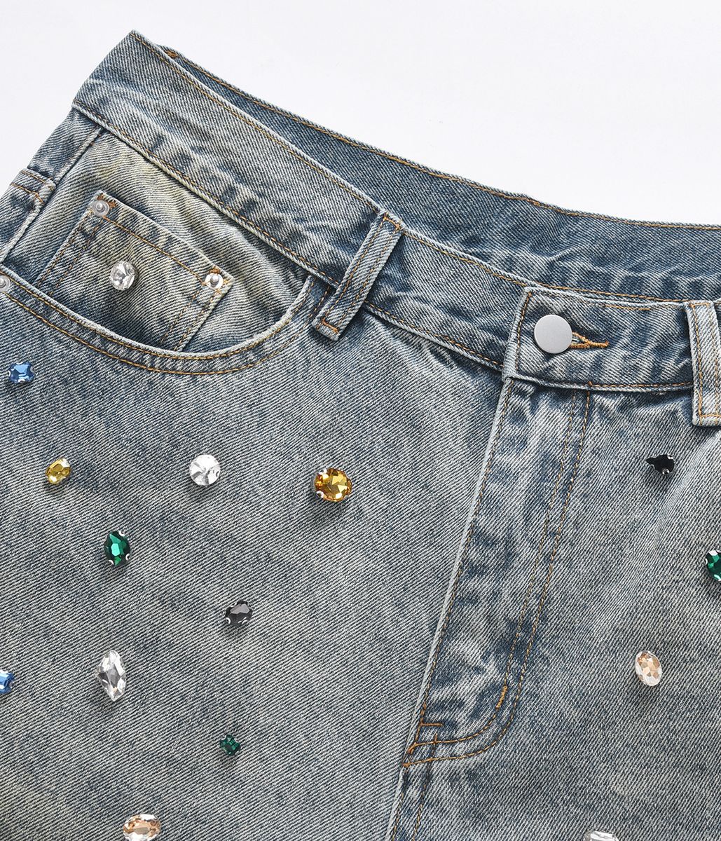 Baggy fit denim jeans with light wash and side hand-embellished gemstones in vibrant Azul hue